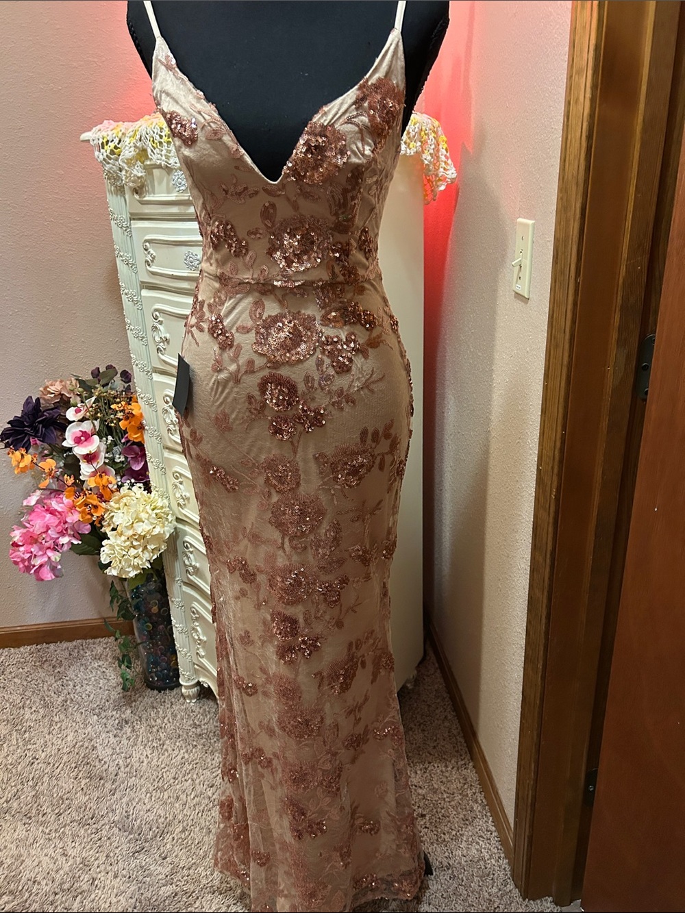 Lulu's Rose Gold Floral Sequin Maxi Dress